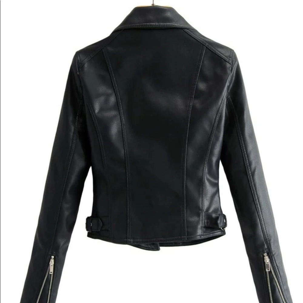 black leather moto jacket vegan biker motorcycle - Picture 3 of 4